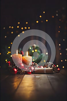 Christmas Candles Baubles Table Bokeh Lights Winter Background