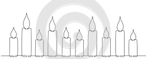 Christmas candles with burning flame. One continuous single line hand drawing art. Vector stock illustration isolated on