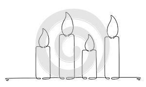 Christmas candles with burning flame. One continuous single line hand drawing art. Vector stock illustration isolated on