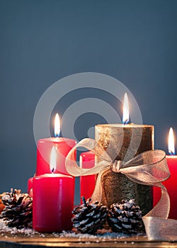 Christmas candles with christmas decorations, christmas or new year atmosphere