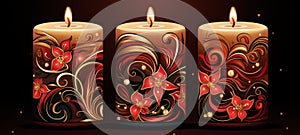 Christmas candles with Christmas flowers in red and gold colors illustration minimalism. Christmas theme. Copy space. Horizontal