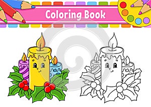 Christmas candles. Coloring book for kids. cartoon character. Vector illustration. Black contour silhouette. Isolated on white