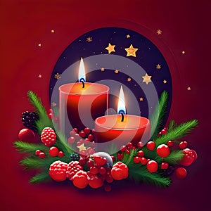 Christmas Candles with decoration on red background