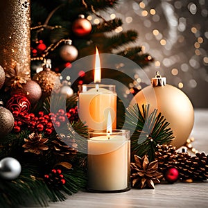 Christmas candles and decorations background