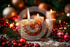 Christmas candles and decorations background