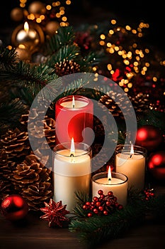 Christmas candles and decorations background