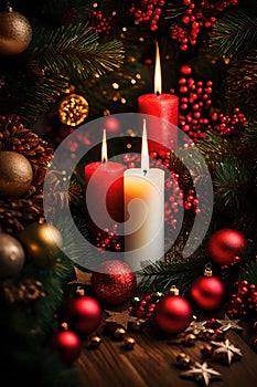 Christmas candles and decorations background