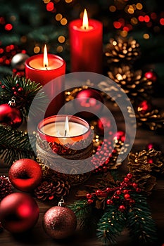 Christmas candles and decorations background