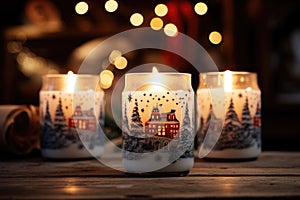 Christmas candles on a wooden table in front of a bokeh background, christmas candles, AI Generated