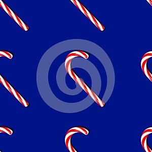 Christmas candy cane 3D render blue background. Saint Nicholas Day lollipop caramel stick Festive ornaments decoration