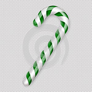 Christmas candy cane. Christmas stick. Traditional realistic xmas candy and green, white stripes. Santa caramel cane on