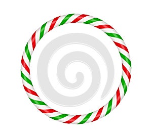 Christmas candy cane circle frame with red and green striped. Xmas border with striped candy lollipop pattern. Blank
