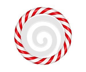Christmas candy cane circle frame with red and white striped. Xmas border with striped candy lollipop pattern. Blank