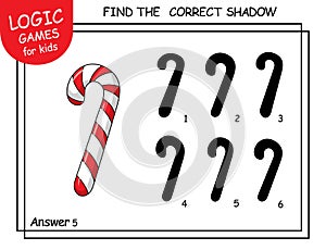 Christmas candy cane. Find the correct shadow Lollypop. Cute cartoon Santa\'s stripes cane. Educational game for child