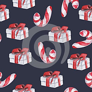 Christmas candy cane and gifts watercolor seamless pattern