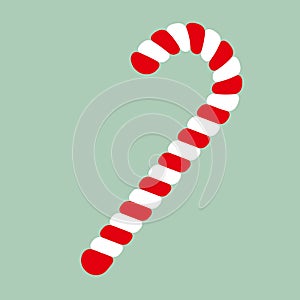 Christmas candy cane on green background. Red and white striped sweet stick. Vector cartoon Illustration in flat style. Christmas