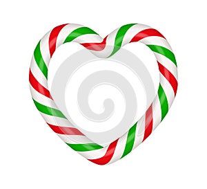 Christmas candy cane heart frame with red and green striped. Xmas border with striped candy lollipop pattern. Blank