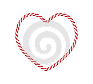 Christmas candy cane heart frame with red and white striped. Xmas border with striped candy lollipop pattern. Blank
