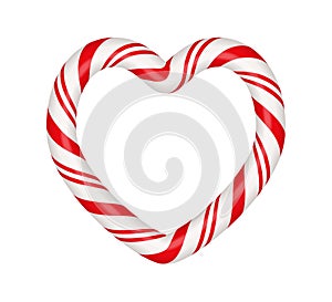 Christmas candy cane heart frame with red and white striped. Xmas border with striped candy lollipop pattern. Blank