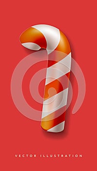 Christmas candy cane isolated on red backdrop. Top view on icon. Mockup for greeting card on Christmas and New Year