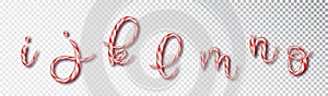 Christmas candy cane lettering. Font set with caramel letter - i, j, k, l, m, n, o . Sweet 3d alphabet isolated . Vector