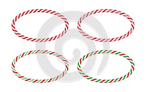 Christmas candy cane oval frame with red and green striped. Xmas border with striped candy lollipop pattern. Blank