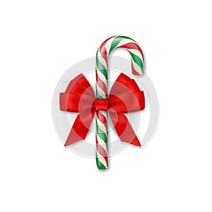Christmas candy cane with red bow. Vector Christmas or New Year design element.