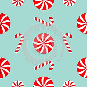 Christmas Candy Cane Round white and red sweet set. Seamless Pattern Decoration. Wrapping paper, textile template. Blue background photo