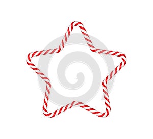 Christmas candy cane star frame with red and white striped. Xmas border with striped candy lollipop pattern. Blank