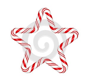Christmas candy cane star frame with red and white striped. Xmas border with striped candy lollipop pattern. Blank