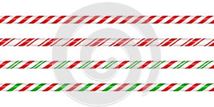 Christmas candy cane straight line border with red and green striped. Xmas seamless line with striped candy lollipop