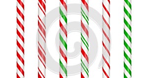 Christmas candy cane straight line border with red and green striped. Xmas seamless line with striped candy lollipop