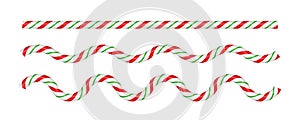 Christmas candy cane wave line with red, green and white striped. Xmas line with striped candy lollipop pattern