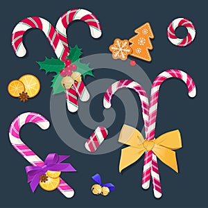 Christmas candy canes with bows and decorations