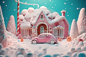 christmas candy car merry retro festive snow gift winter holiday. Generative AI.