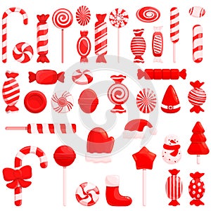 Christmas candy icons set, cartoon style