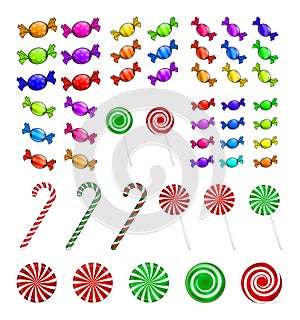 Christmas candy set. Colorful wrapped sweet, lollipop, cane. Vector illustration isolated on a white background.