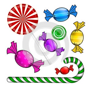 Christmas candy set. Colorful wrapped sweet, lollipop, cane. Vector illustration isolated on a white background.