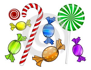 Christmas candy set. Colorful wrapped sweet, lollipop, cane. Vector illustration isolated on a white background.