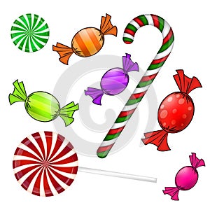 Christmas candy set. Colorful wrapped sweet, lollipop, cane. Vector illustration on a white background.