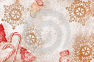 Christmas candy and sweet background with snowflakes and trees