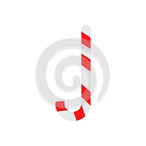 Christmas cane candy. Stick isolated. Decoration sugar lollipop. Holiday red background. Cartoon illustration. Striped traditional