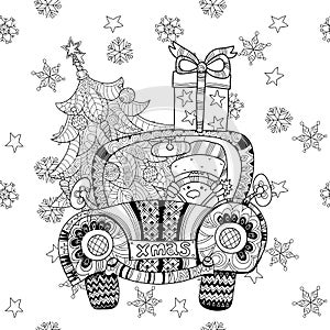 Christmas car gift doodle zentangle vector.