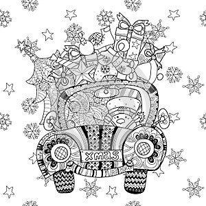 Christmas car gift doodle zentangle vector.