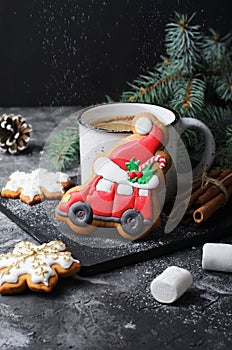 Christmas Car Gingerbread Cookie on Dark Background, Christmas Treat