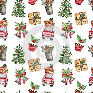 Christmas car and holiday fir tree seamless pattern. Watercolor hand painted red car with gift boxes, pine branches, decorations