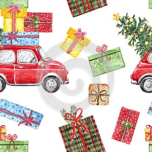 Christmas car seamless pattern. Watercolor hand painted vintage red car with holiday tree, lights garland, gift boxes on white