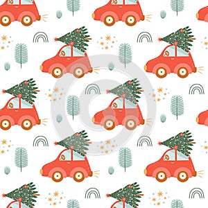 Christmas car with tree pattern. Christmas tree on car roof. Seamless white background. Winter holiday wallpaper