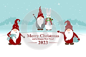 Christmas card 2023, banner `Merry Christmas and Happy New Year` with cute Christmas gnomes and rabbit with lantern standing on ic