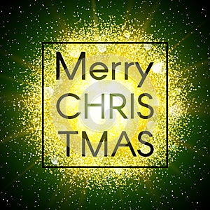 Christmas card on abstract explosion background with gold glittering elements and burst of glowing star. Dust firework